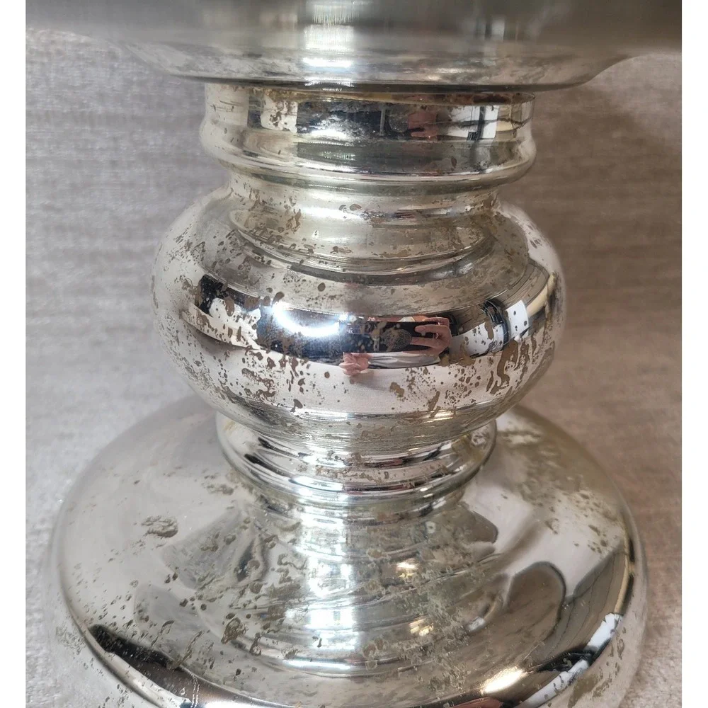 Retired Pottery Barn Mercury Glass & Stainless Pedestal Cake Stand 7
